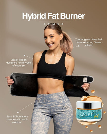 Woman wearing a sweat-belt to reduce belly fat. Waist trainer fitness product. Hybrid sweat belt from CobeFit