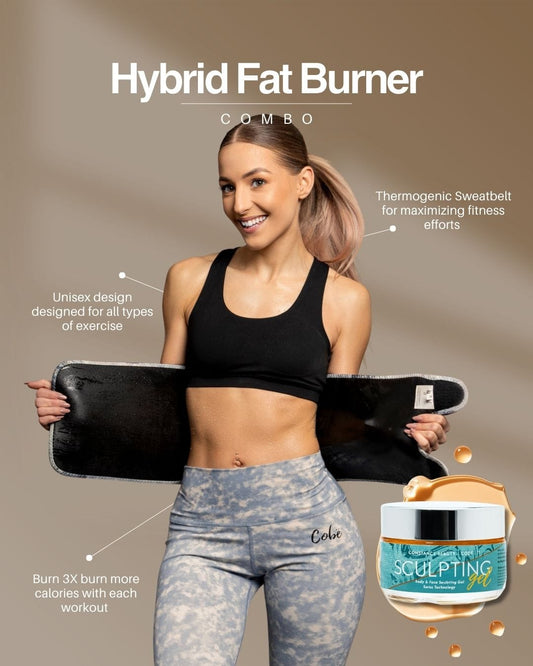 Woman wearing a sweat-belt to reduce belly fat. Waist trainer fitness product. Hybrid sweat belt from CobeFit